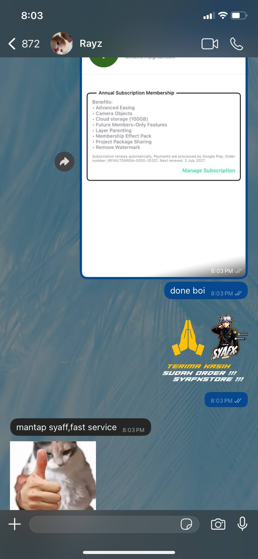 Customer WhatsApp feedback screenshot 1